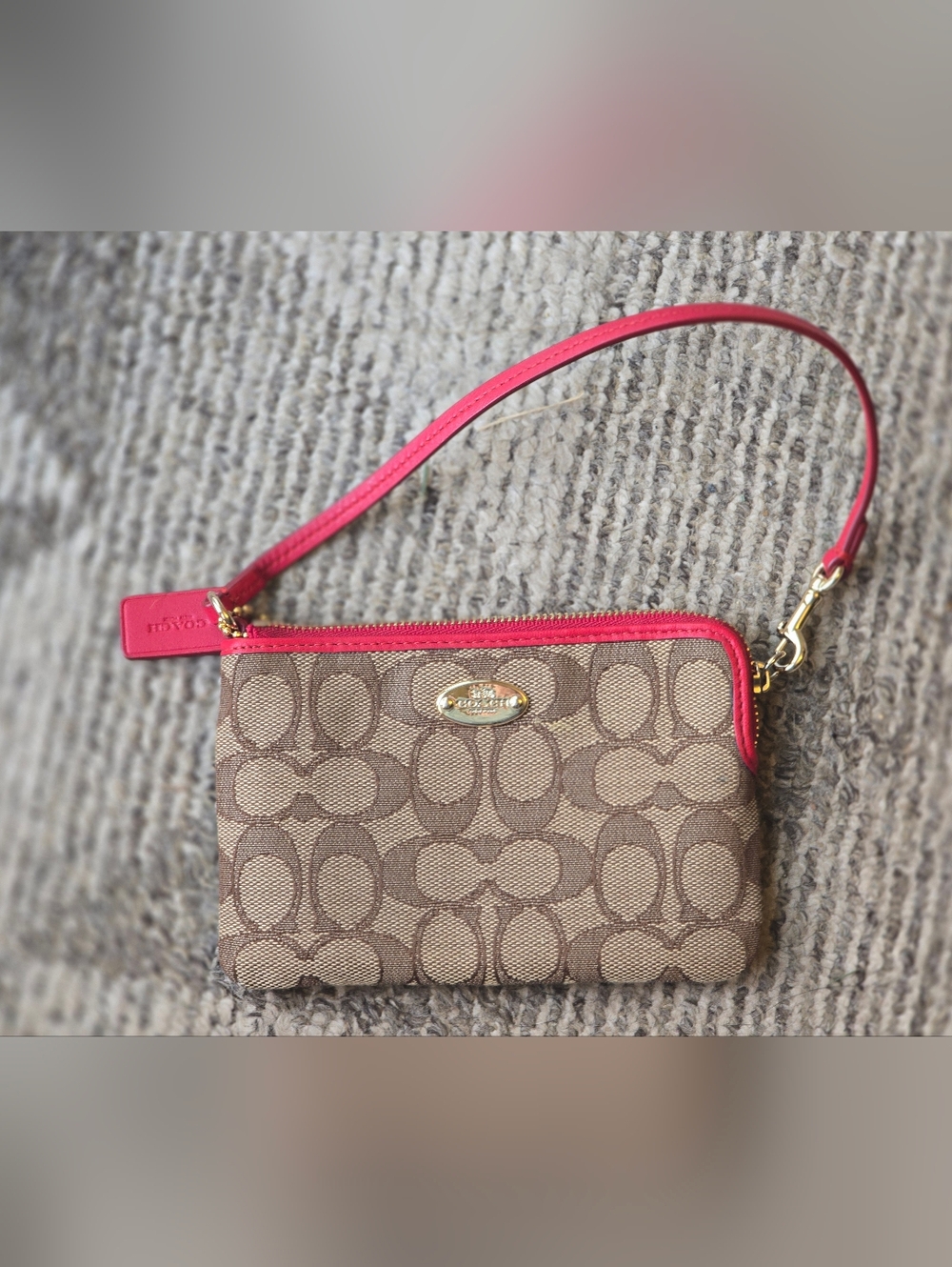 Coach Signature Canvas Wristlet in Tan with Pink Trim